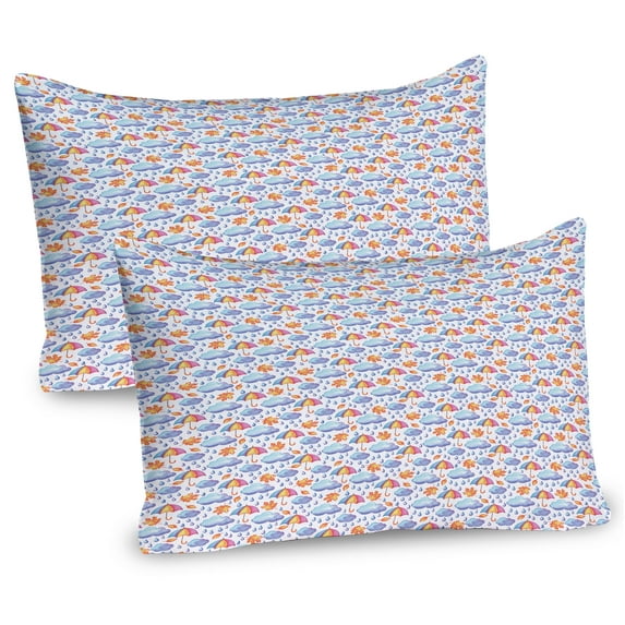 Autumn Pillow Sham Set of 2, Watercolor Look Rain Umbrella Clouds Pastel Colorful Arrangement, Quality Microfiber Bedding Item for All Seasons, 26" x 20", Pale Sky Blue Pale Pink, by Ambesonne