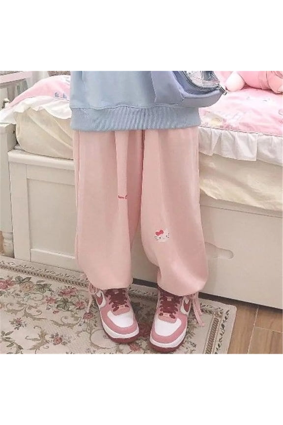 Autumn Pink Cat Print Pants Women Harajuku High Street Oversized Sweatpants Baggy Korean Fashion Joggers Trousers Streetwear
