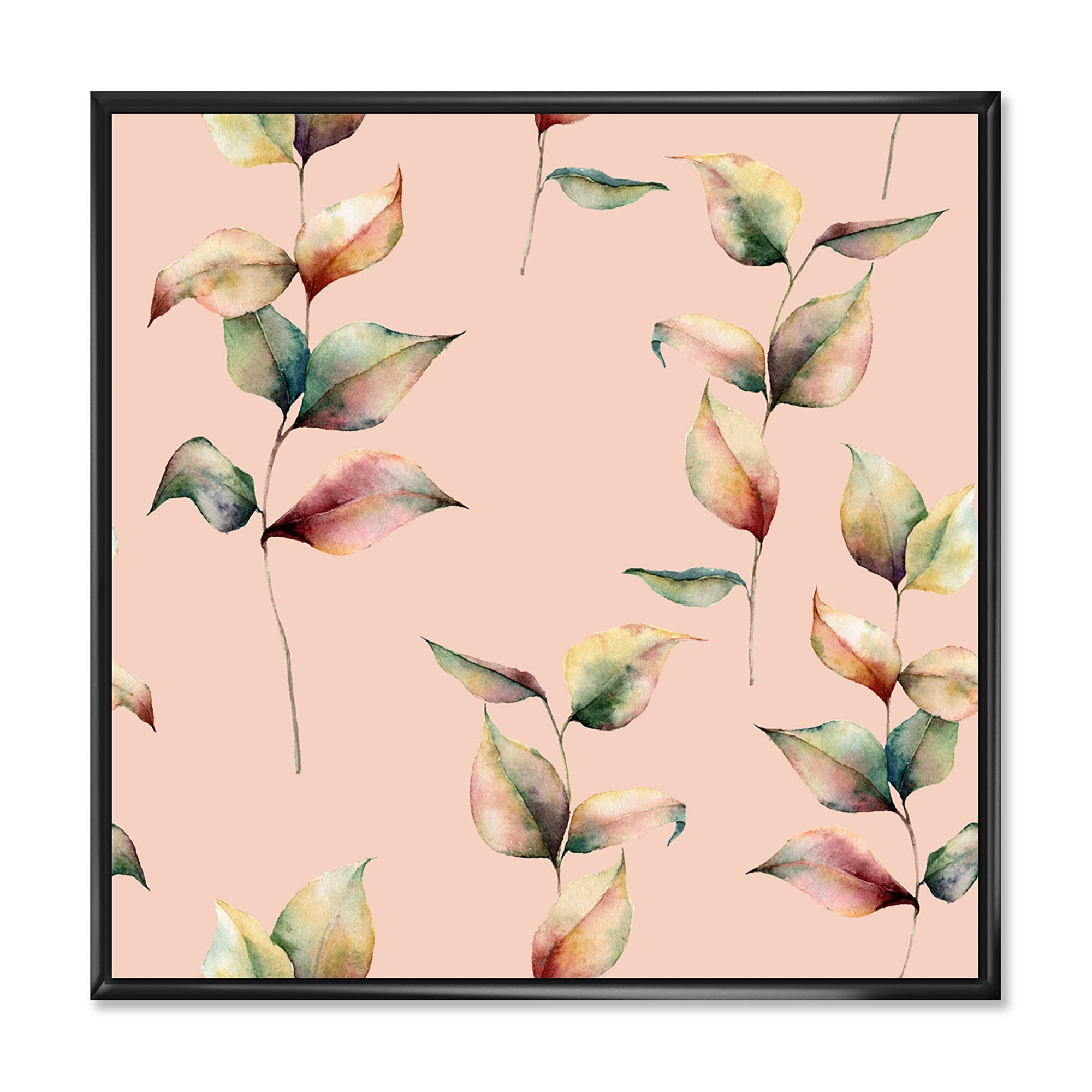 Autumn Pink Leaves with Branch On Pastel Colors 16 in x 16 in Framed Painting Canvas Art Print, by Designart