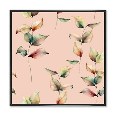 Autumn Pink Leaves with Branch On Pastel Colors 16 in x 16 in Framed Painting Canvas Art Print, by Designart