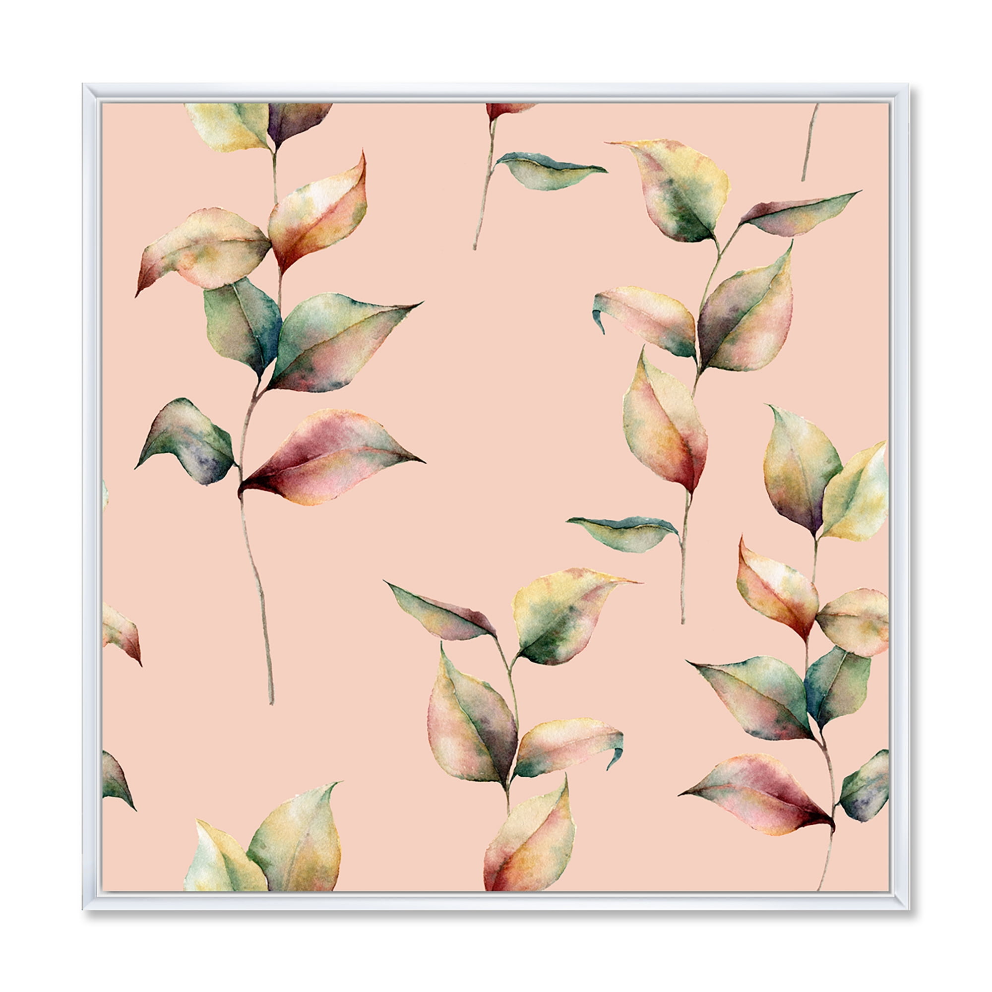 Autumn Pink Leaves with Branch On Pastel Colors 36 in x 36 in Framed Painting Canvas Art Print, by Designart
