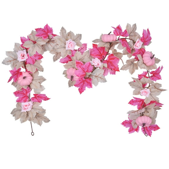 Autumn Pink Pumpkin Canes, Autumn Vine Garland with Soft Toned Pumpkins & Maple Leaves 68.9" Fall Home Decor Halloween Mantel for Staircase Door Porch Indoor Outdoor Seasonal Decoration
