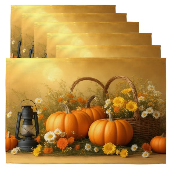 Autumn Place Mats A basket of pumpkins and a lantern on a table. Placemat Set of 6 Rectangular Placemats Farmhouse Placemats
