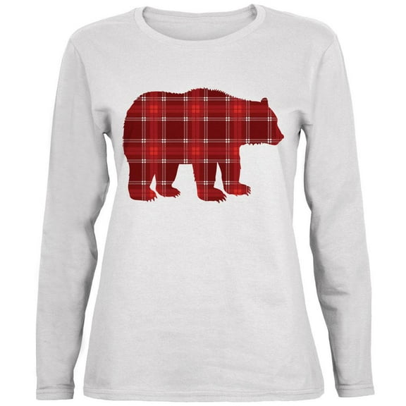Autumn Plaid Bear Ladies' Relaxed Jersey Long-Sleeve Tee White LG