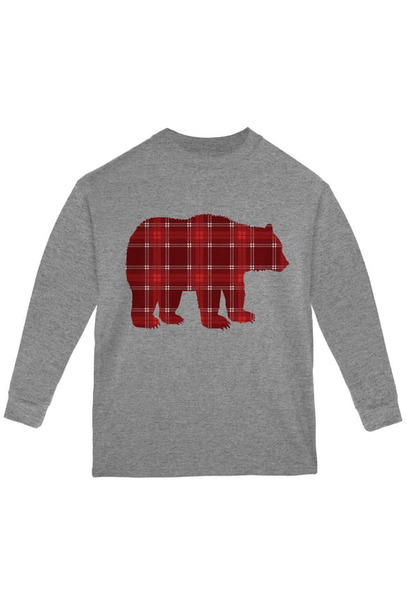 Autumn Plaid Bear Youth Long Sleeve T Shirt Storm Grey Youth X-SM