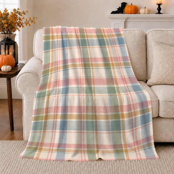 Autumn Plaid Check, Festive autumn celebration Scene, Warm Flannel Blanket for Living Room and Family Room with Detailed Artwork, Art Lovers autumn celebration Gift, Festive Home Decor