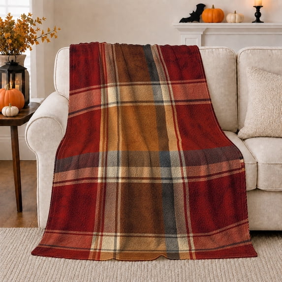 Autumn Plaid, Festive Holiday Scene, Warm Flannel Blanket for Ranch House and Living Room with Detailed Artwork, Art Lovers Thanksgiving Gift, Festive Home Decor
