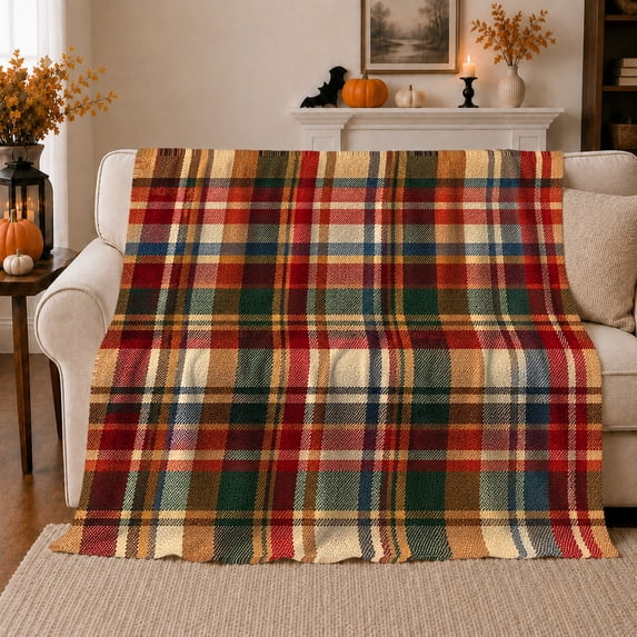 Autumn Plaid Living Room, Festive autumn celebration Scene, Warm Flannel Blanket for Living Room and Family Room with Detailed Artwork, Art Lovers autumn celebration Gift, Festive Home Decor