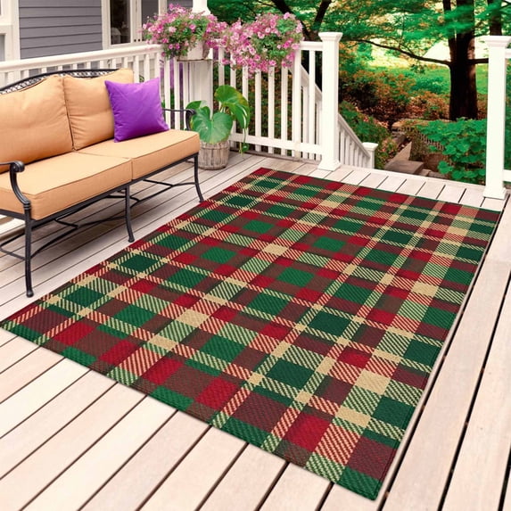 Autumn Plaid Outdoor Rug 3x5 Ft, Non Slip Washable Area Rug, Red Green Tartan Gingham Farmhouse Checkered Patio Rugs Carpet Runner, Large Floor Mat for Indoor/Outdoor Deck Porch Camping
