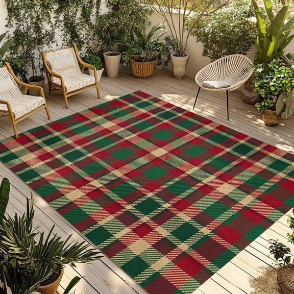 Autumn Plaid Outdoor Rug for Patio/Deck/Porch, Non-Slip Large Area Rug 4 x 6 Ft, Red Green Tartan Gingham Farmhouse Checkered Indoor Outdoor Rugs Washable Area Rugs, Camping Rug Carpet Runner