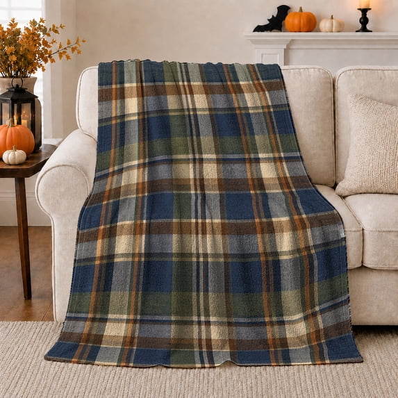 Autumn Plaid Pumpkin Display, Festive autumn celebration Scene, Warm Flannel Blanket for Living Room and Family Room with Detailed Artwork, Art Lovers autumn celebration Gift, Festive Home Decor