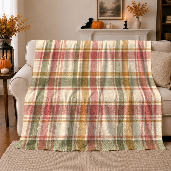 Autumn Plaid Sofa Farmhouse Living Room, Festive autumn celebration Scene, Warm Flannel Blanket for Ranch House and Living Room, Art Lovers autumn celebration Gift, Festive Home Decor