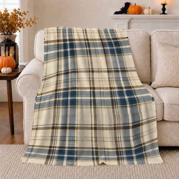 Autumn Plaid Sofa Scene Pumpkins Bat, Cozy Friendship Quote Scene, Warm Flannel Blanket for Ranch House and Living Room, Art Lovers Thanksgiving Gift, Artistic Home Decor