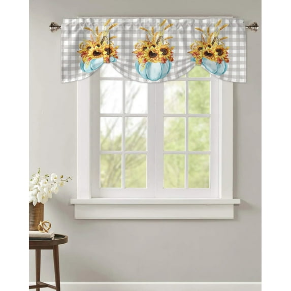 Autumn Plaid Watercolor Pumpkin Kitchen Valance Curtain Window Valance for Living Room Bedroom Tie Up Valance Curtain
