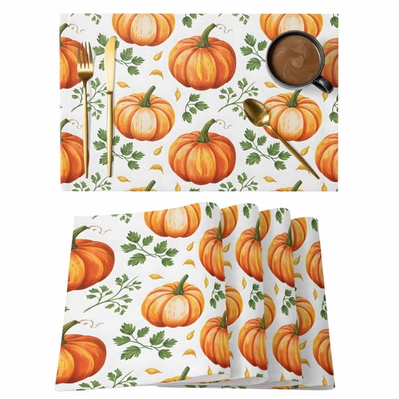 Autumn Plant Placemats Set of 12, Vintage Watercolor Pumpkin Leaf Non-Slip Place Mats Washable Table Mats for Kitchen Dining Table Decorations Indoor/Outdoor