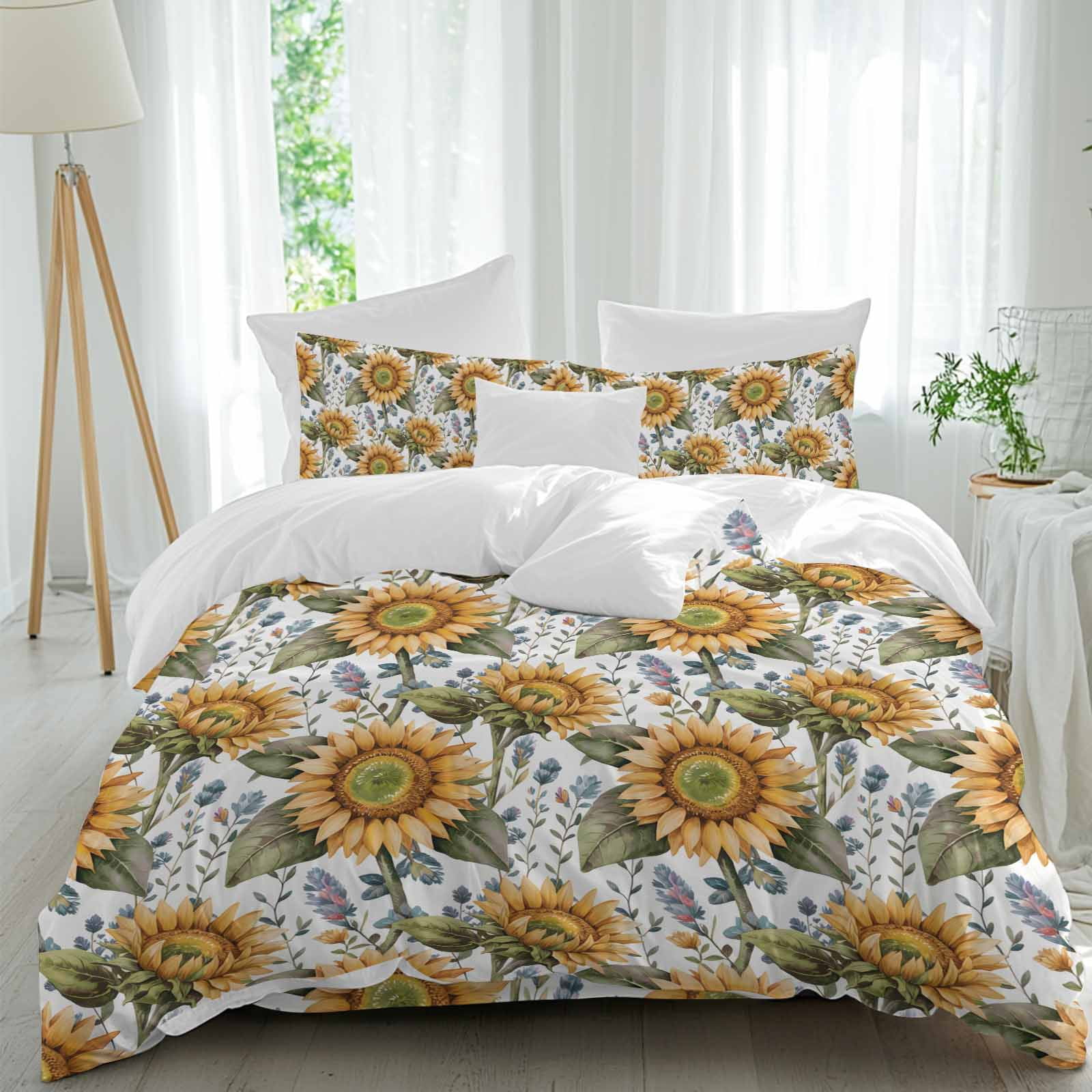 Autumn Plant Queen Duvet Cover Set, Vintage Watercolor Sunflower Flower ...