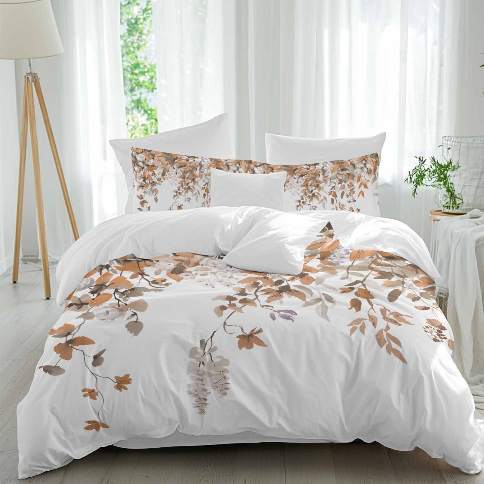 Autumn Plant Twin Duvet Cover Set, Vintage Eucalyptus Leaves 4 Piece ...