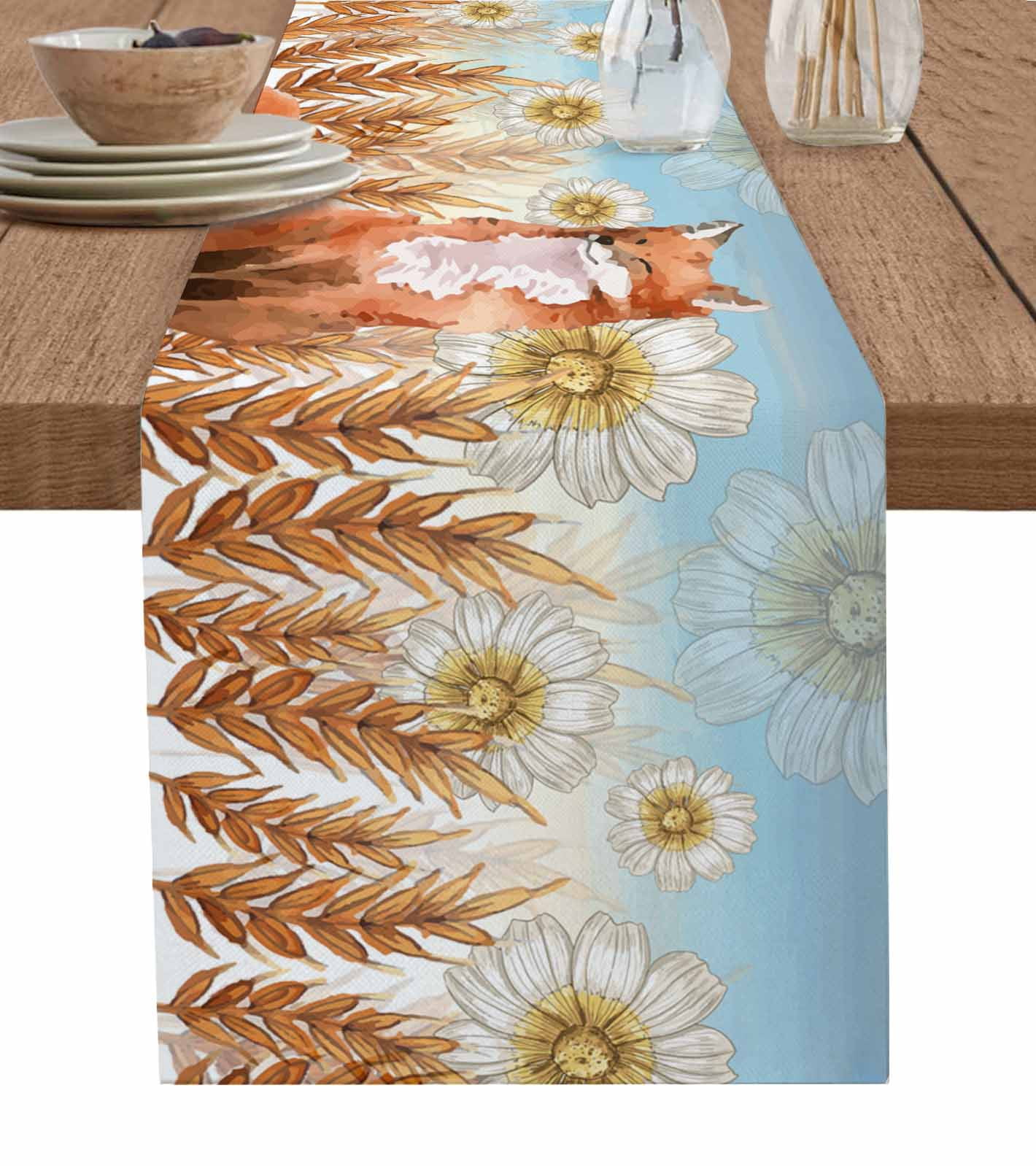 Autumn Plant Wheat Ears Daisy Fox Watercolor Grain Table Runner ration