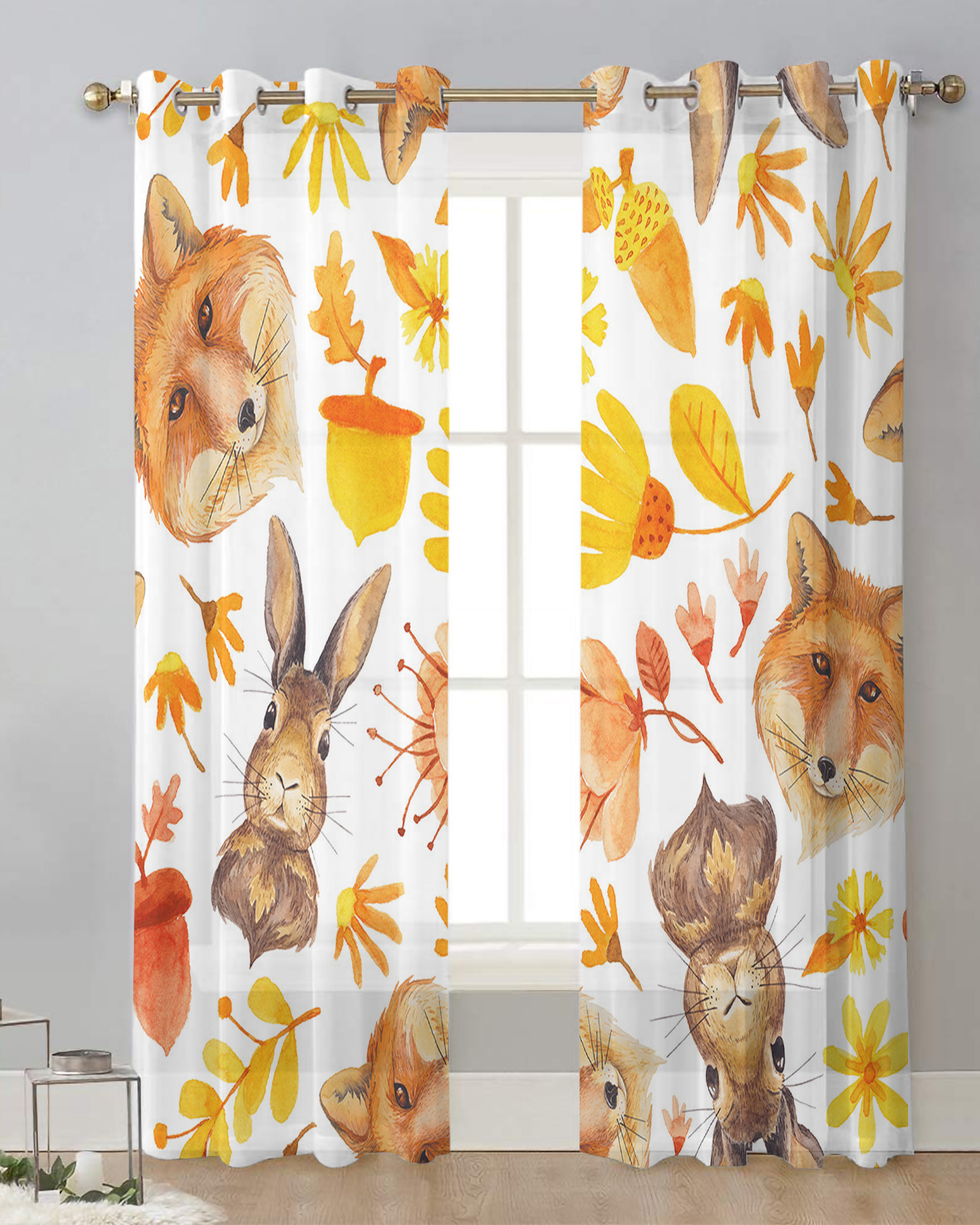 Autumn Plant Wheat Ears Daisy Fox Watercolor Voile Curtain Window