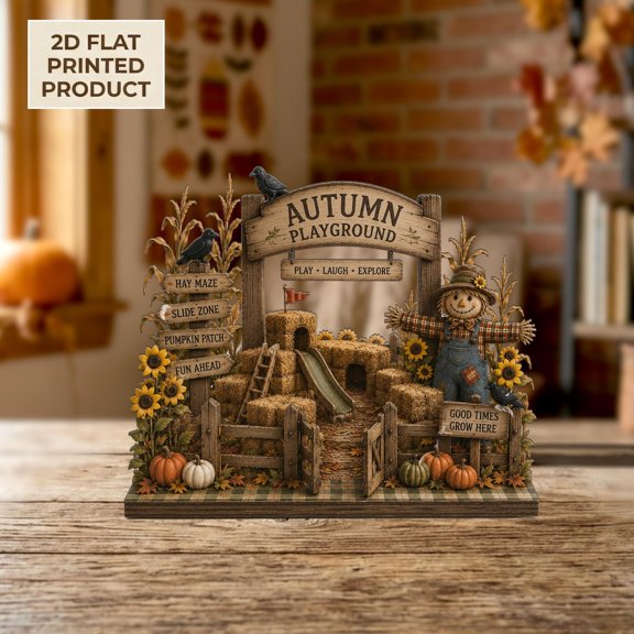 Autumn Playground 2D FLAT Wooden Block, Fall Tiered Tray Decor, Pumpkin Patch Shelf Sitter, Rustic Harvest Accent, Farmhouse Autumn Decor