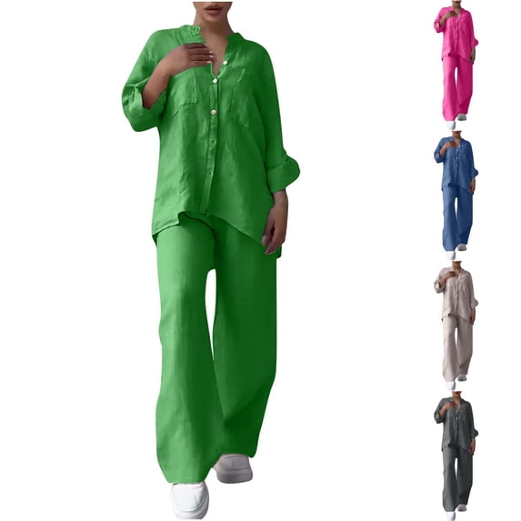 Autumn Plus Size 2 Piece Sets for Women Solid Color Retro Classic Wersatile Casual Cotton Linen Shirt Drawstring Wide Leg Pants Set Long Sleeved Round Neck Top/Shirt Set