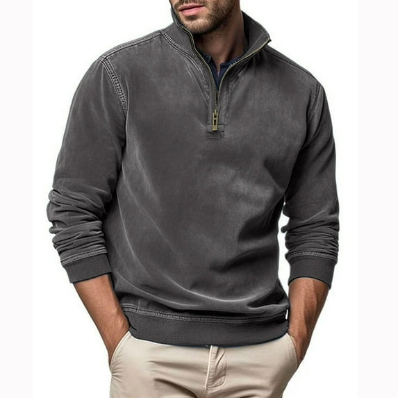 Autumn Plus Size Tops for Mens Casual Solid Color Zipper Long Sleeve Stand Up Collar Blouse Gifts for Mens