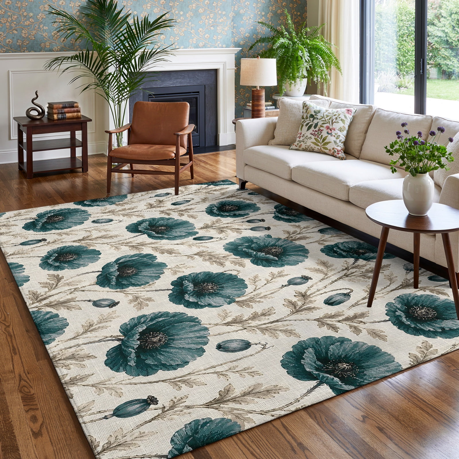 Autumn Poppy Flower Retro Style Area Rug for Bedroom Living Room Rug ...