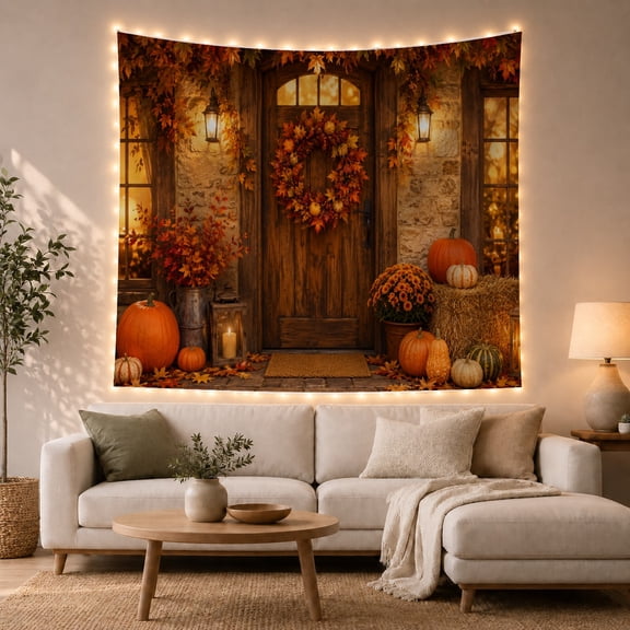 Autumn Porch Door with Wreath and Pumpkins, Cozy Rustic Style, Housewarming Gift for Farmhouse Decor Lovers, Harvest Wall Art, Tapestry Wall Hanging for Entryway and Living Room