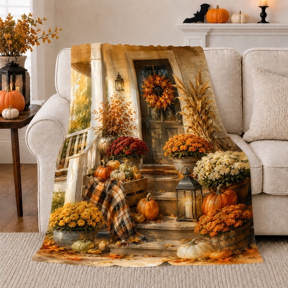 Autumn Porch Harvest Display Pumpkin Wreath, Cozy Friendship Quote Scene, Warm Flannel Blanket for Living Room and Reading Nook, Art Lovers Thanksgiving Gift, Artistic Home Decor