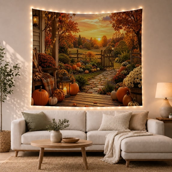 Autumn Porch with Pumpkins and Lantern on Stone Path, Peaceful Farmhouse for Nature Enthusiasts, Cozy Rustic Scene Art, Thanksgiving Gift Tapestry Wall Hanging for Living Room and Bedroom