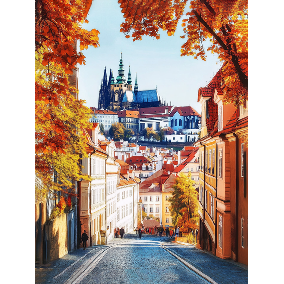 Autumn Prague Castle Street Scene Canvas Print/Wall Art Perfect for Living Room Bedroom Office Hallway and Dining Room Decoration.