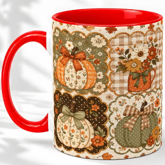 Autumn Pumpkin 11oz Accent Mug, Ceramic Coffee Cup for Fall Glossy ceramic mug with seasonal pumpkin and floral artwork; bright fall palette for daily coffee or tea