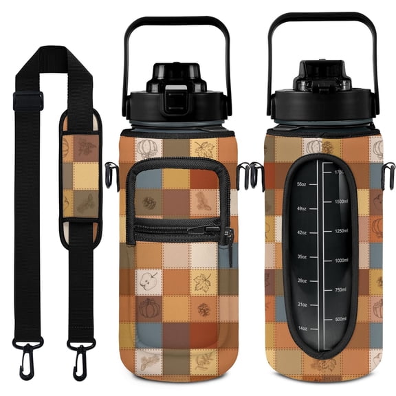 Autumn Pumpkin 64 Oz Half Gallon Water Bottle with Sleeve - BPA Free Leakproof Sport Large Plastic Water Bottle with Straw & Time Marker & Insulated Neoprene Holder Carrier Bag Gift for Women Men