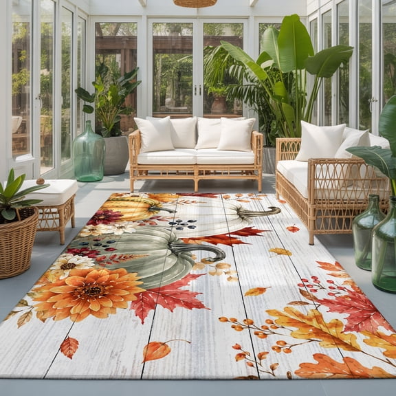 Autumn Pumpkin 9'x12' Area Rugs for Living Room Sectional Sofa, Orange White Green Fruits Fall Maple Leaf Floral Washable Sturdy Non Slip Soft Sturdy Rectangle Home Area Rug
