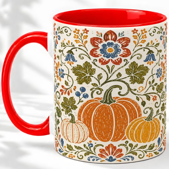 Autumn Pumpkin Accent Mug, 11oz Ceramic Coffee Cup for Kitchen Glossy ceramic mug with double-sided pumpkin folk artwork for daily coffee or tea