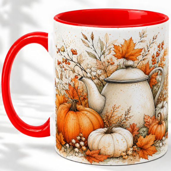 Autumn Pumpkin Accent Mug, 11oz Ceramic Mug for Coffee Lovers Glossy ceramic mug with double-sided autumn pumpkin and teapot artwork for daily coffee, tea, or kitchen display
