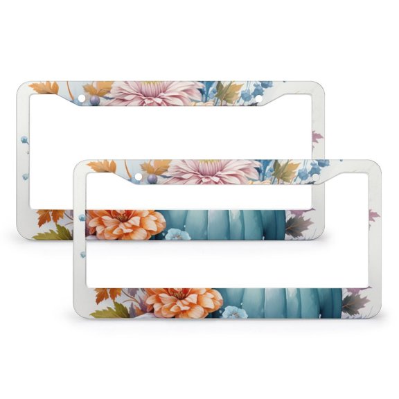 Autumn Pumpkin And Flowers License Plate Cover 2 Pcs Set Fall Decor Grateful Thanksgiving Funny License Plates for Women 2 Holes Metal License Plate Frame