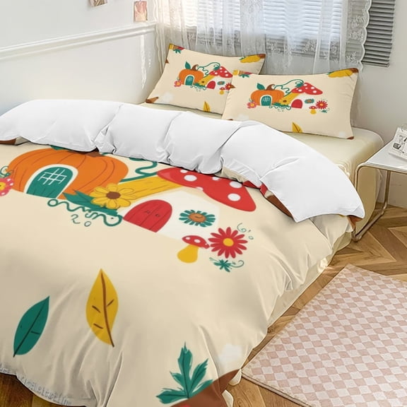 Autumn Pumpkin And Mushroom Houses Pattern Duvet Cover Set Bedding Set Polyester Quilt Cover for Bedroom Decoration