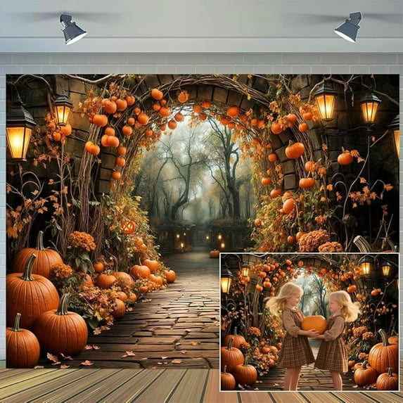 Autumn Pumpkin Arch Backdrop Fall Maple Leaves Stone Path Scenery Photography Background Thanksgiving Yellow Flowers Seasonal Harvest Party Decorations Banner Supplies Photo Booth Props