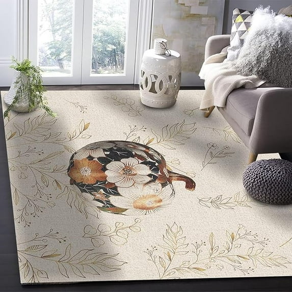 Autumn Pumpkin Area Rug For Living Room Bedroom, Abstract Leaves Sketch Carpet, Dining Room Non-Slip Indoor Rugs Washable Soft And Comfortable Rug 4 x 5ft