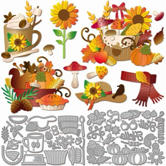Autumn Pumpkin Basket Cutting Dies Metal Fall Leaves Die Cuts Coffee Greeting Cutting Embossing Templates for Scrapbooking Crafts Paper Cards Making