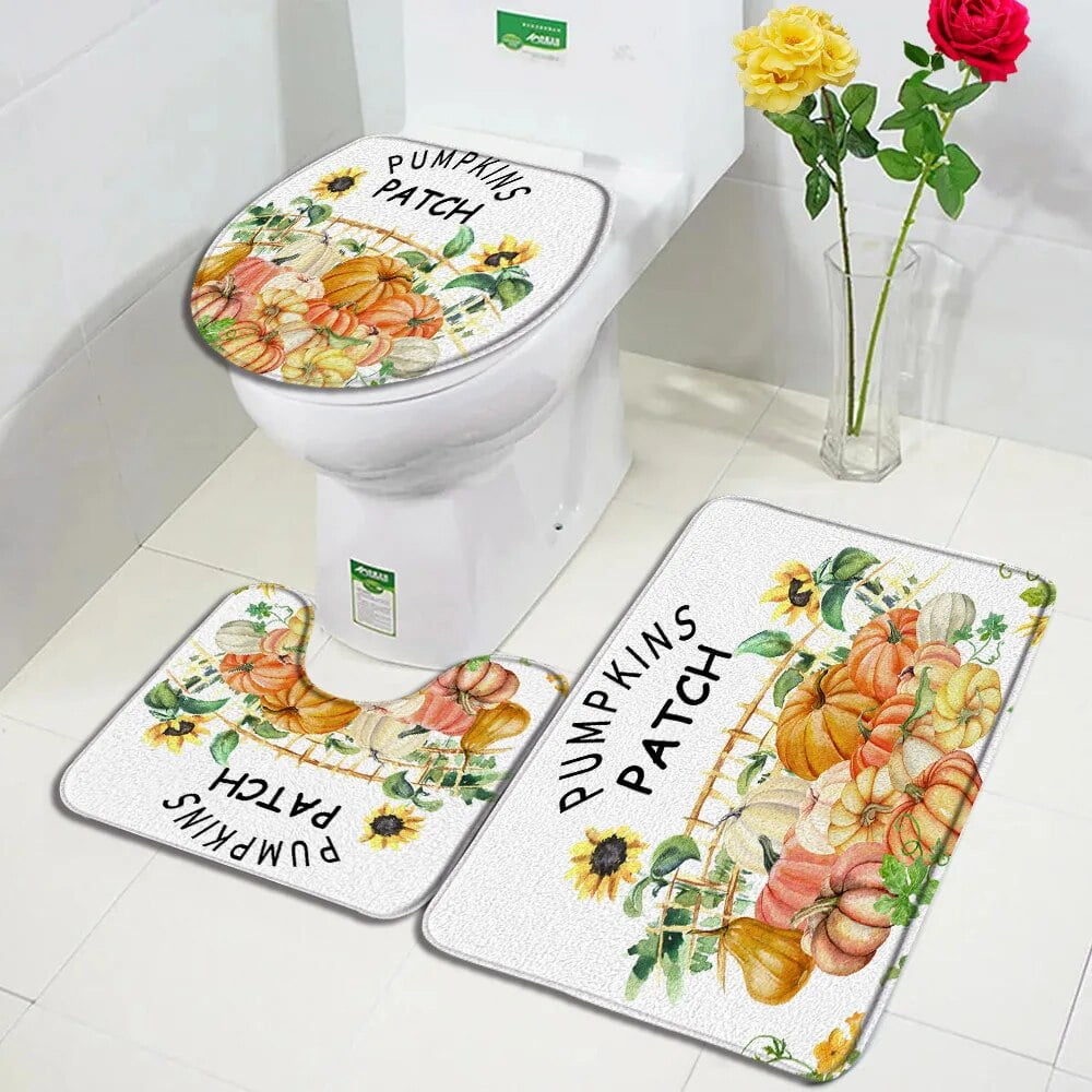 Autumn Pumpkin Bath Mat Set Farm Maple Leaves Sunflower Cartoon Deer ...