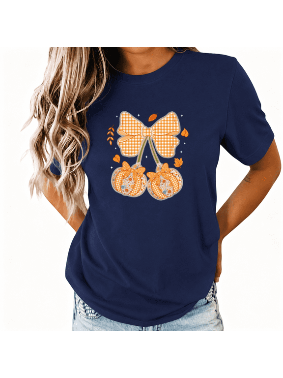 Autumn Pumpkin Bow Graphic Tee Women's Short Sleeve Crewneck Seasonal Top