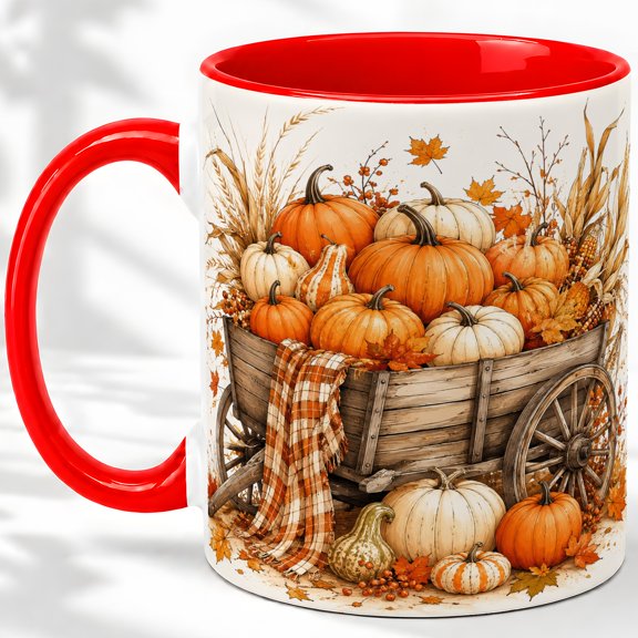 Autumn Pumpkin Cart Accent Mug, 11oz Ceramic Mug for Seasonal Sips Glossy ceramic mug with detailed autumn pumpkin cart artwork for daily coffee or tea