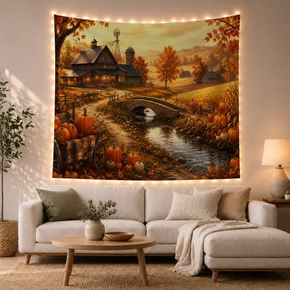Autumn Pumpkin Cart by Stone Bridge in Cozy Farmhouse Style for Nature Lovers, Rustic Barn Landscape Art, Thanksgiving Gift Tapestry Wall Hanging for Living Room and Bedroom