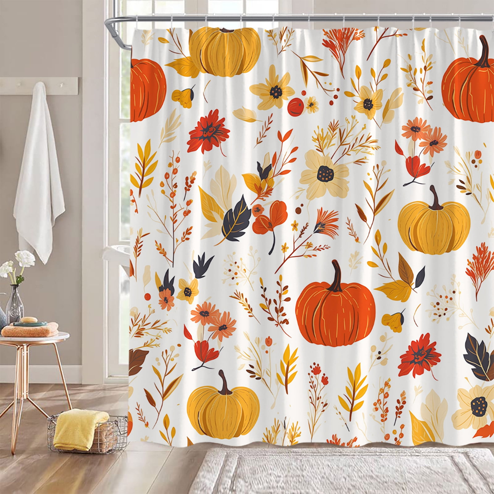 Autumn Pumpkin Cartoon Print Shower Curtain Harvest Season Maple