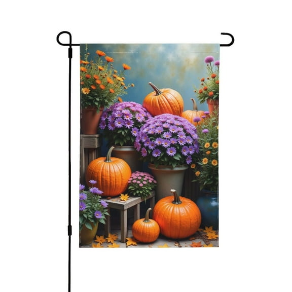 Autumn Pumpkin & Chrysanthemum Garden Flag Double Sided 12x18 Inch Fall Yard Decor Farmhouse Outdoor Patio Decoration Banner Thanksgiving Halloween Seasonal Welcome