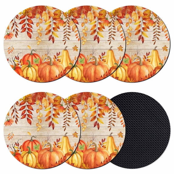 Autumn Pumpkin Coasters Set of 6, Absorbent Coasters for Drinks, Thanksgiving Orange Red Vintage Wooden Coaster for Desk Coffee Table Protection, Home Decor House Warming Gifts 4"
