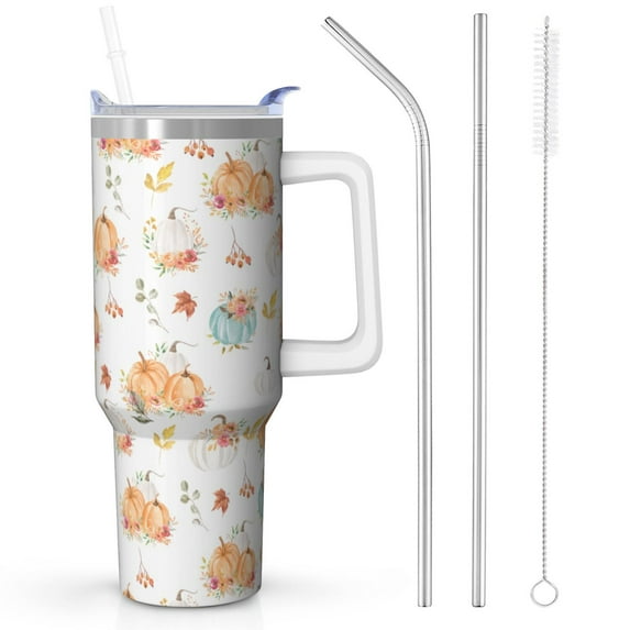 Autumn Pumpkin Coffee Tumbler 40oz - Unbreakable Stainless Steel | Handle & Straw Included | Teacher/Office Gift