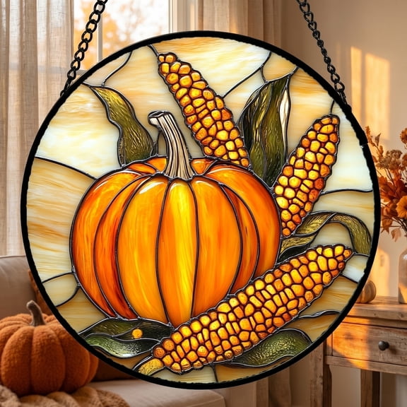 Autumn Pumpkin Corn Acrylic Suncatcher Window Hanging – Light-Diffusing Sun Catcher for Home Decor, Birthday Gift for Mom, Wife, Aunt, or Grandma – Durable Lightweight Acrylic